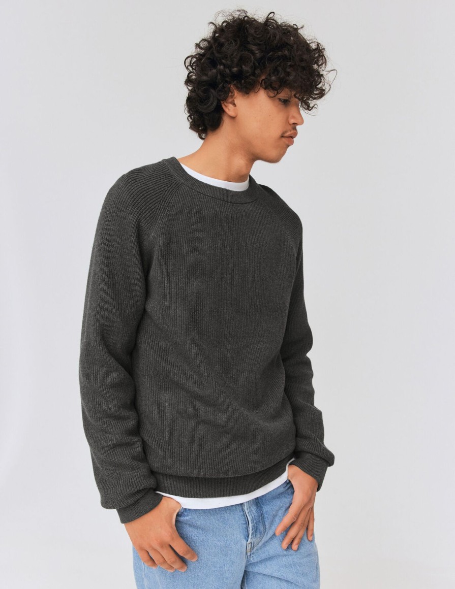 Homme BZB Pull | Pull Col Rond Coton Uni Gris Fonce