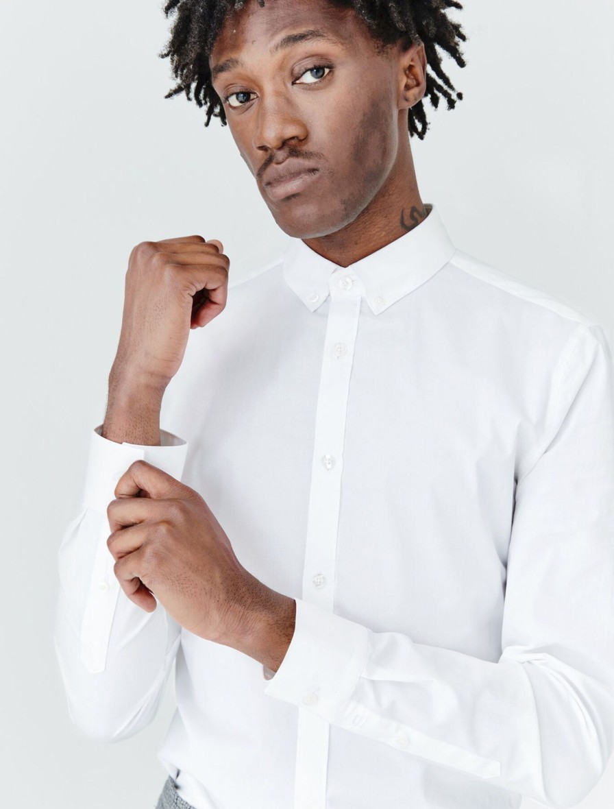 Homme BZB Chemise | Chemise En Popeline Coupe Ajustee Blanc Casse