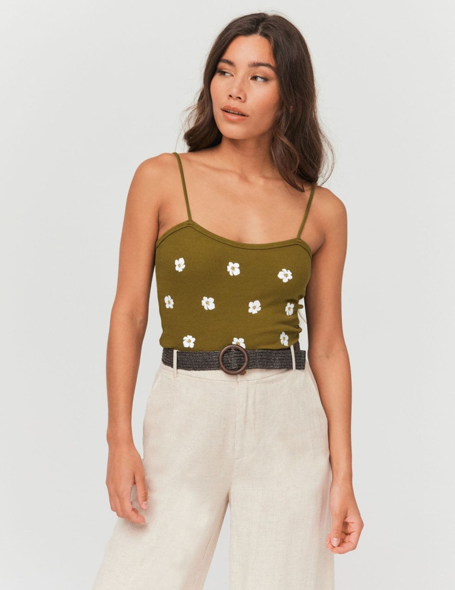 Femme BZB Top & Debardeur | Top Bustier Brode Fleurs Vert Kaki