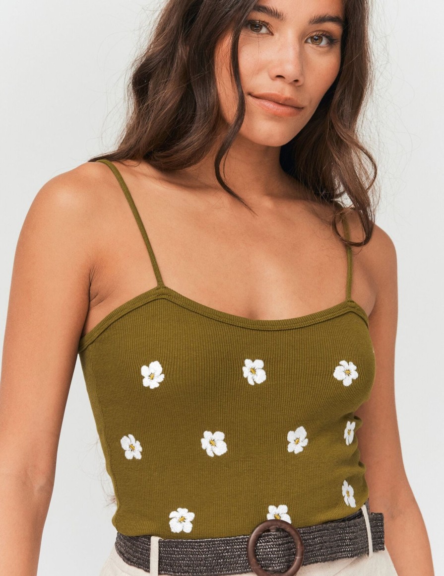 Femme BZB Top & Debardeur | Top Bustier Brode Fleurs Vert Kaki