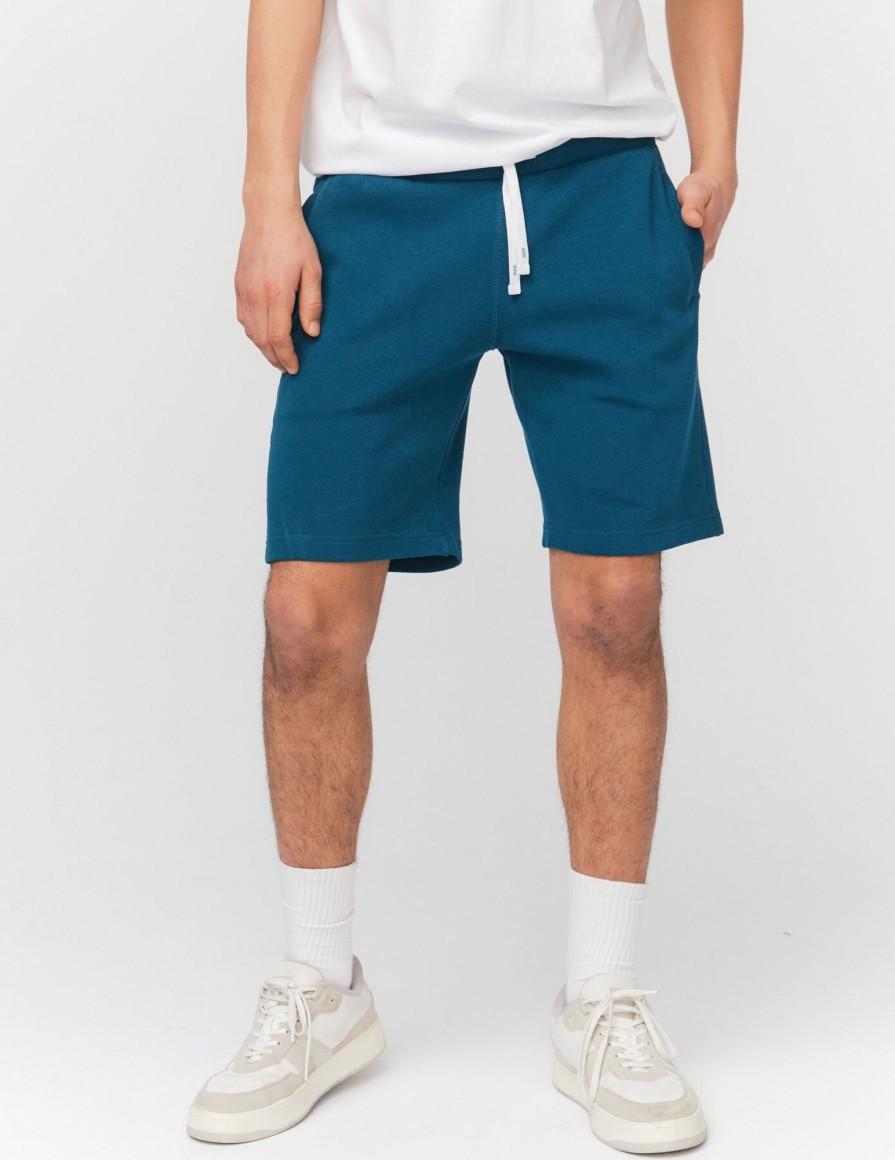 Homme BZB Bermuda | Bermuda Maille En Coton Pique Bleu Fonce