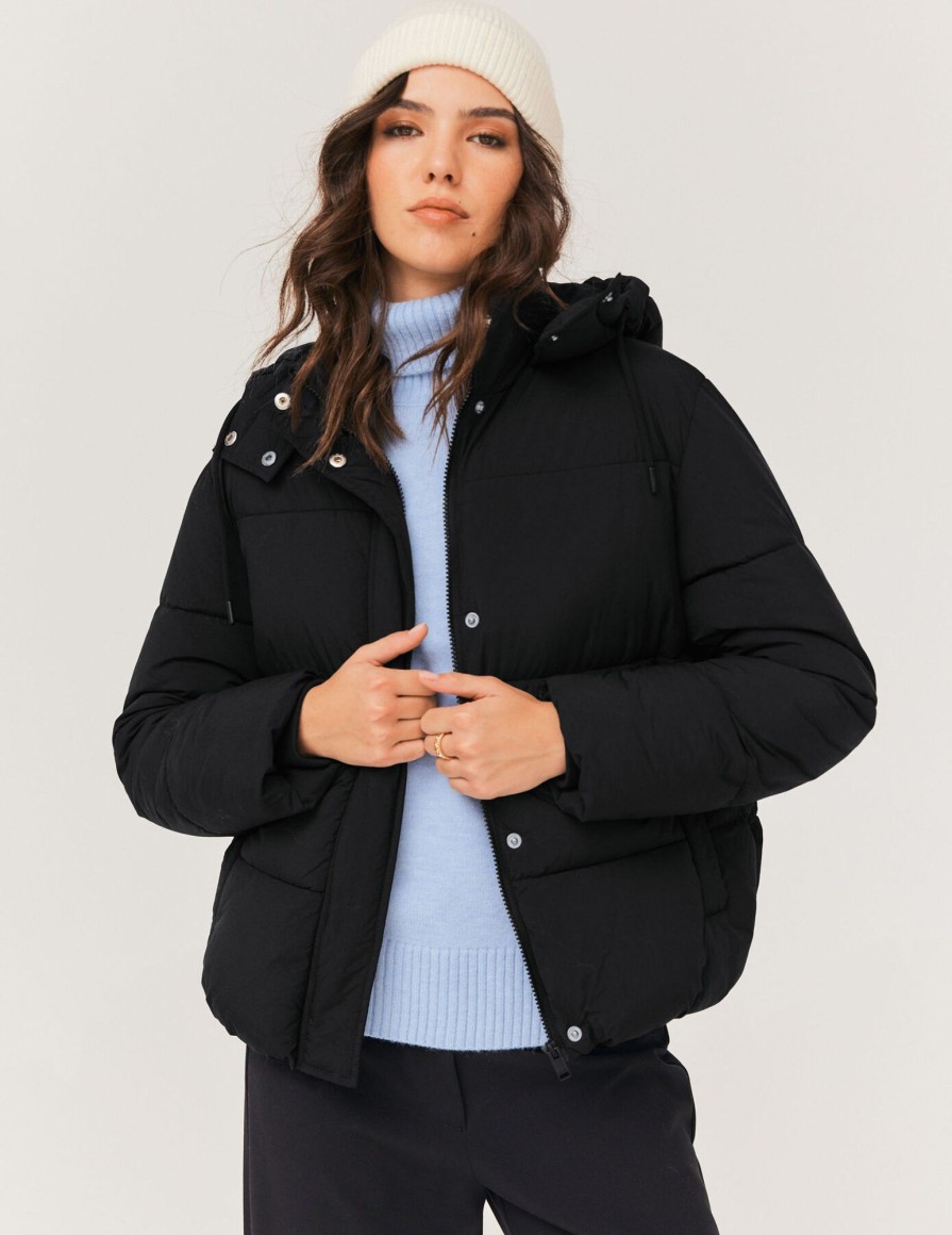 Femme BZB Manteau & Doudoune | Doudoune A Capuche Unie Rembourrage Recycle Noir