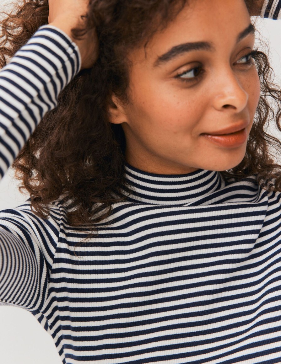 Femme BZB Tee-Shirt & Polo | T-Shirt Col Montant Raye Bleu Fonce