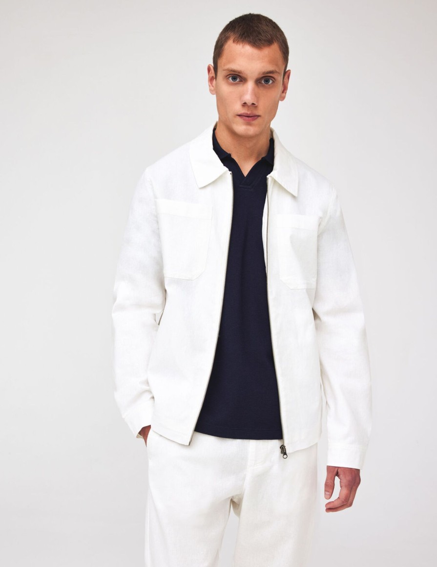 Homme BZB Veste & Blouson | Veste Zippee En Coton Lin Blanc