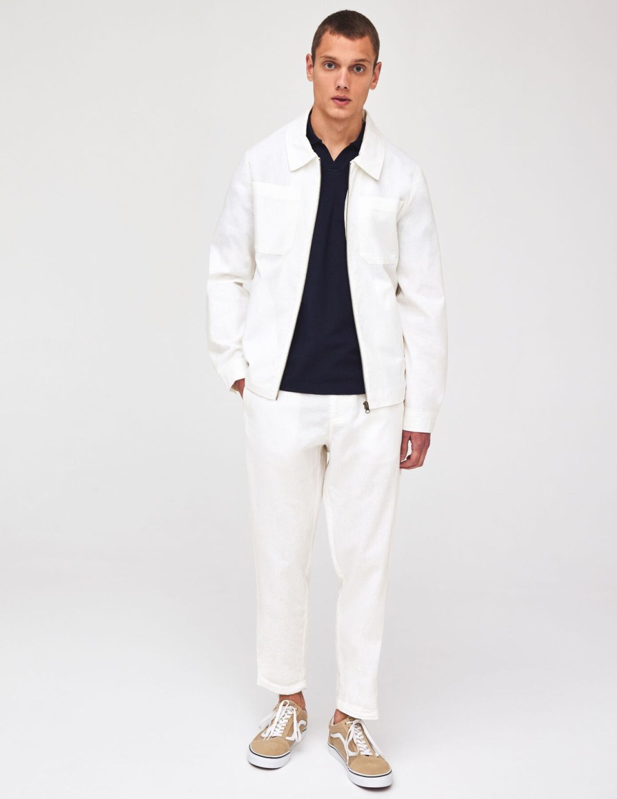 Homme BZB Veste & Blouson | Veste Zippee En Coton Lin Blanc