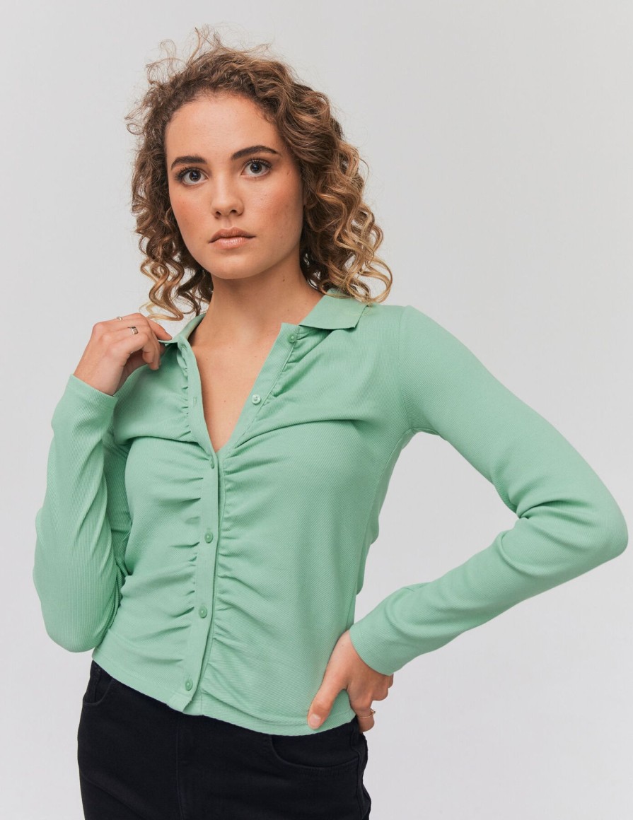 Femme BZB Tee-Shirt & Polo | Polo Manches Longues Fronce Vert Clair