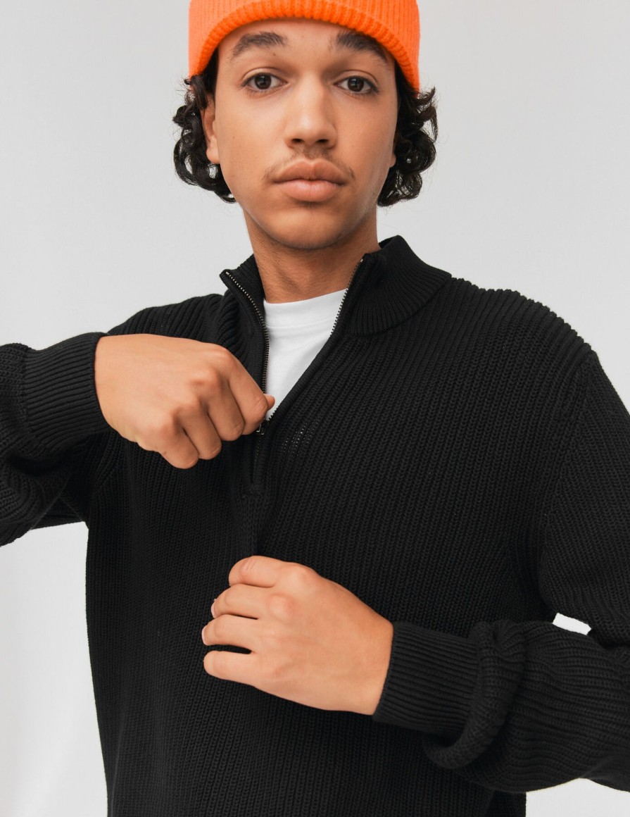 Homme BZB Pull | Pull Avec Col Montant Zippe Noir