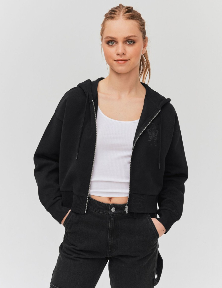 Femme BZB Sweat | Sweat Capuche Cropped Zippe Noir