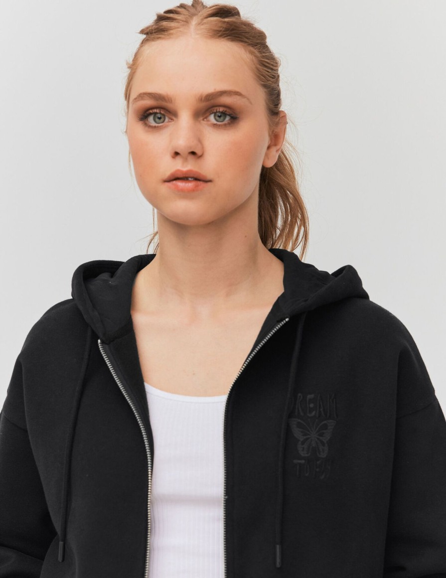 Femme BZB Sweat | Sweat Capuche Cropped Zippe Noir