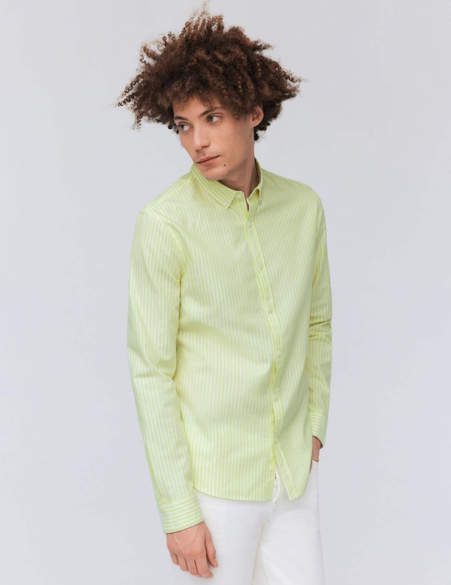 Homme BZB Chemise | Chemise Droite A Rayures Vert Clair