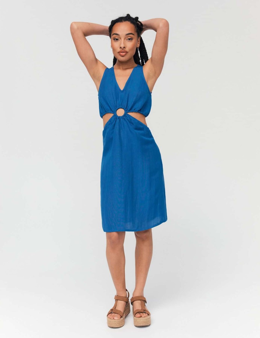 Femme BZB Robe | Robe Ajouree En Lin Bleu Fonce