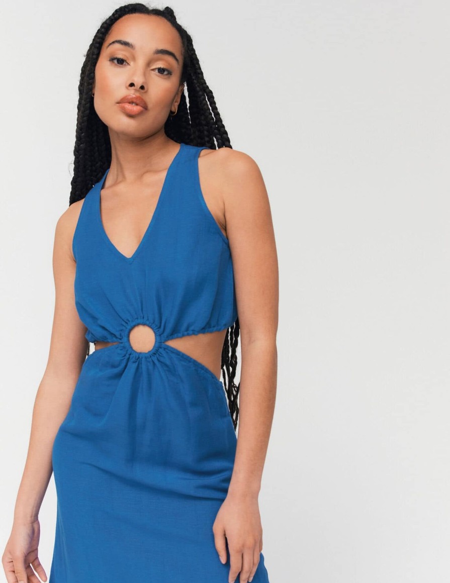 Femme BZB Robe | Robe Ajouree En Lin Bleu Fonce