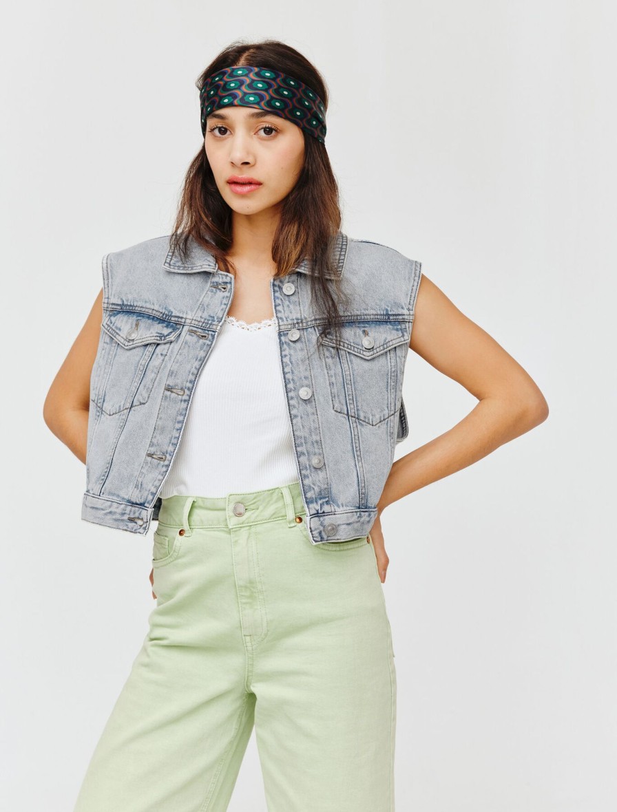 Femme BZB Veste & Blouson | Veste En Denim Sans Manches Bleu Moyen