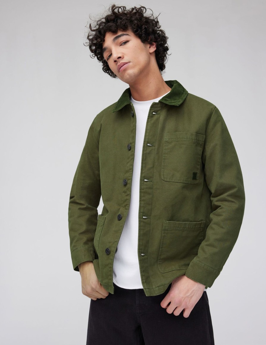 Homme BZB Veste & Blouson | Veste En Jean Col Velours Vert Kaki