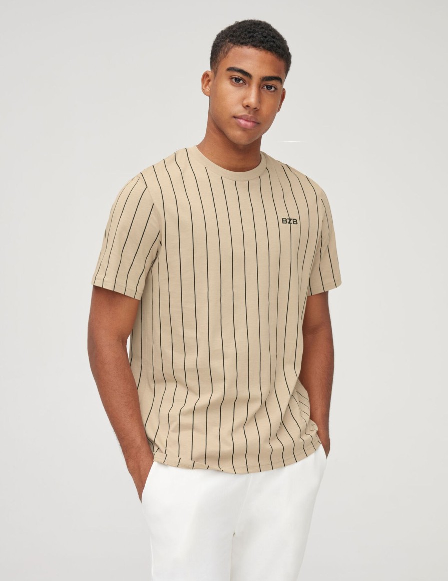 Homme BZB Tee-Shirt | T-Shirt Rayures Baseball Beige