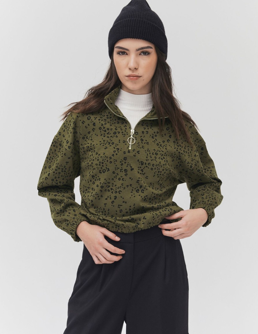 Femme BZB Sweat | Sweat Leopard Col Zippe Vert Kaki