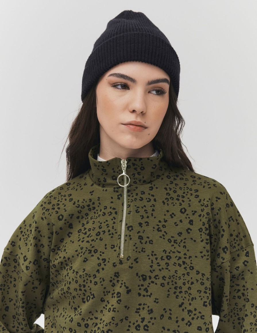 Femme BZB Sweat | Sweat Leopard Col Zippe Vert Kaki