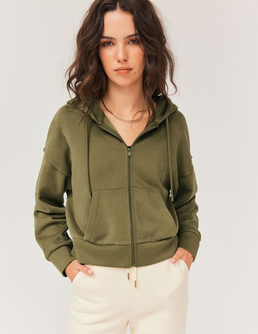 Femme BZB Sweat | Sweat Court Zippe A Capuche Vert Kaki