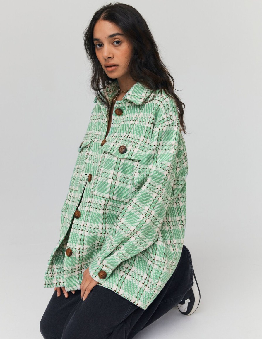 Femme BZB Veste & Blouson | Surchemise Tweed A Carreaux Vert