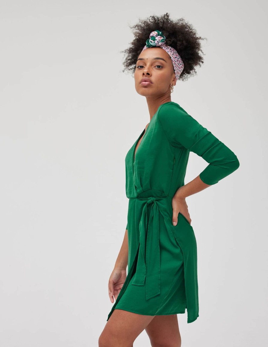 Femme BZB Robe | Robe Satin Portefeuille Vert