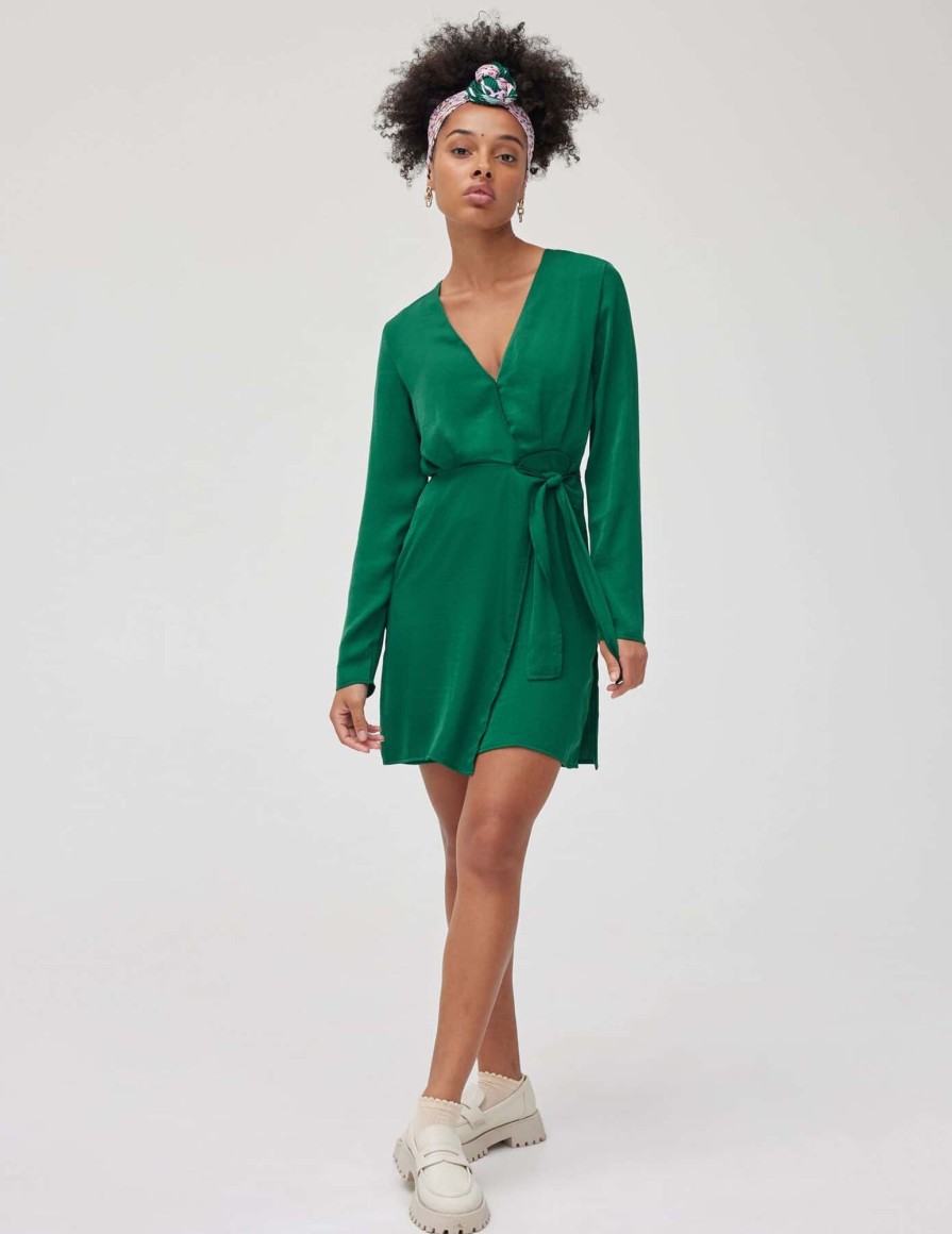 Femme BZB Robe | Robe Satin Portefeuille Vert