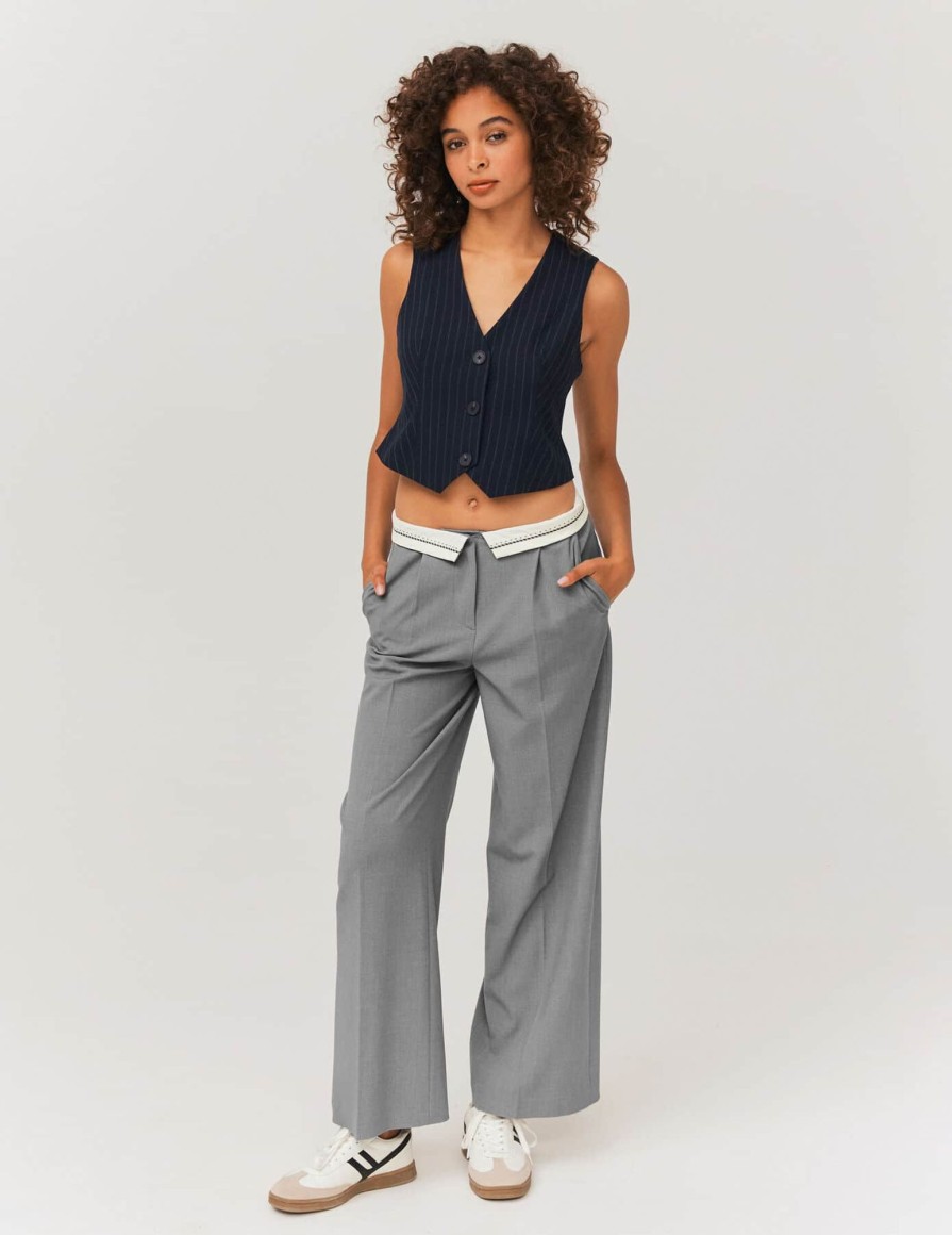 Femme BZB Pantalon | Pantalon Ceinture Retournee Gris Moyen