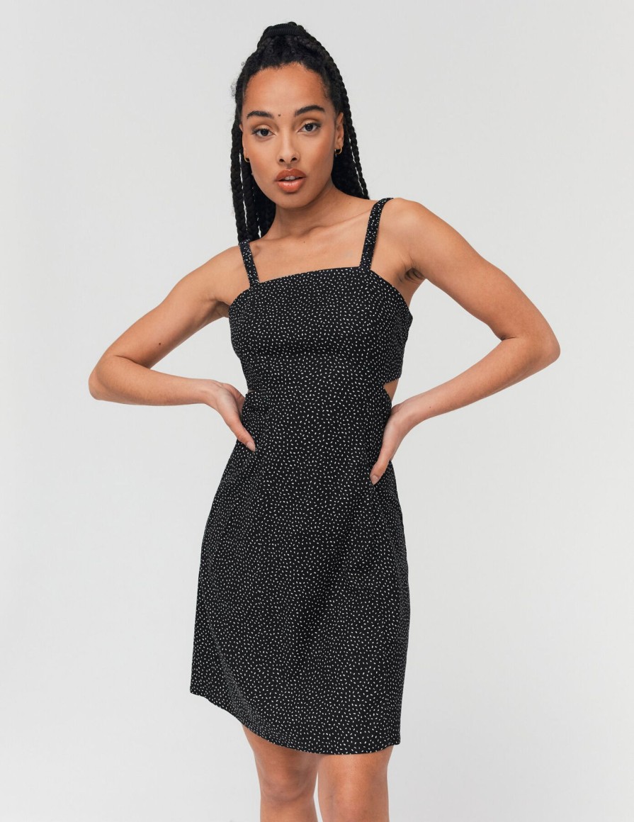 Femme BZB Robe | Robe Courte Cut Out Imprimee En Lin Noir