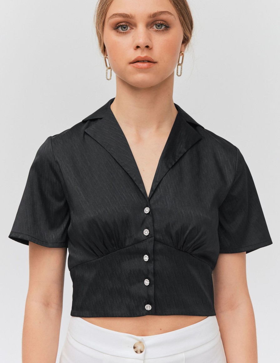 Femme BZB Chemise & Blouse | Chemisier Court Satinee Noir