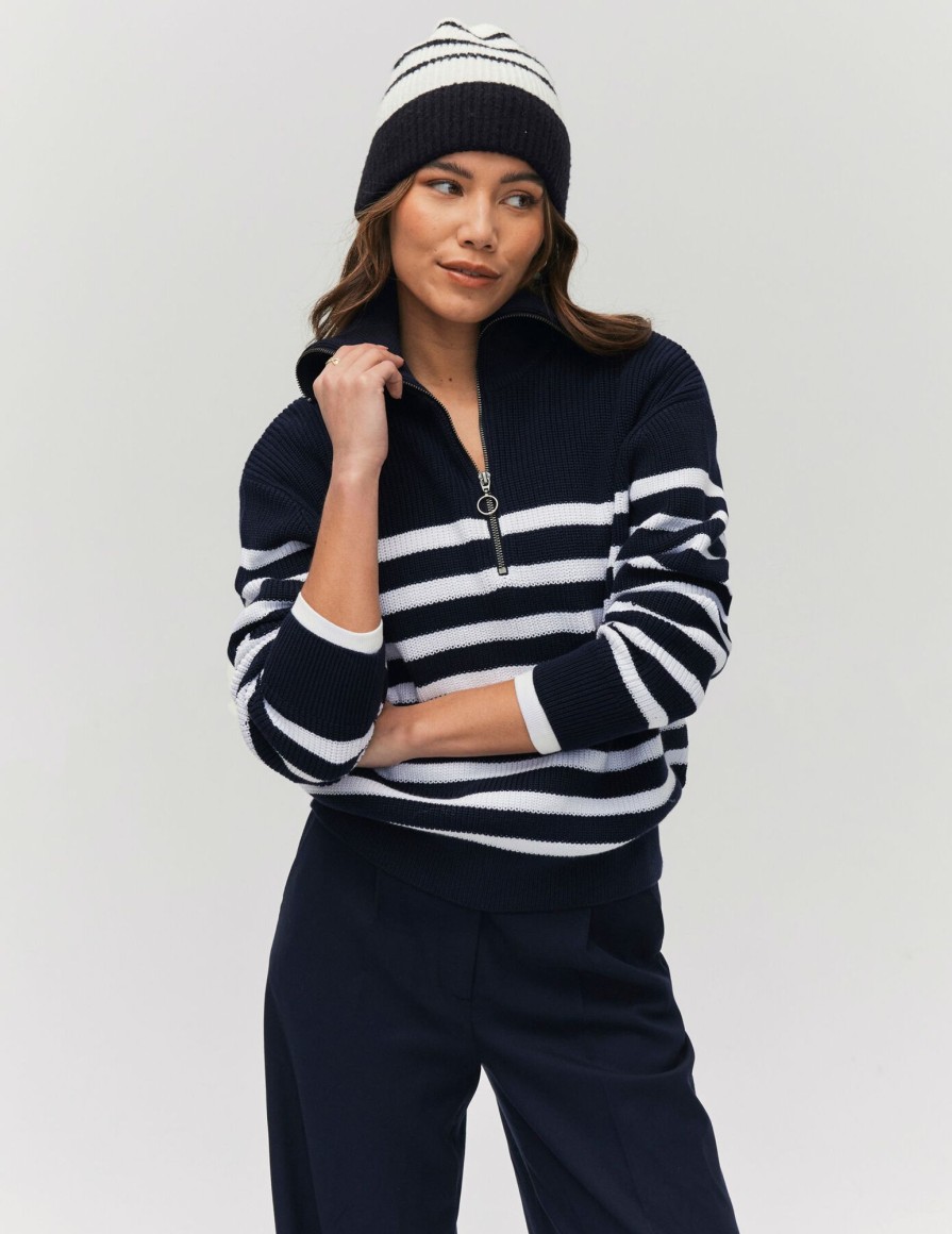 Femme BZB Pull | Pull Col Camionneur Raye Bleu Fonce