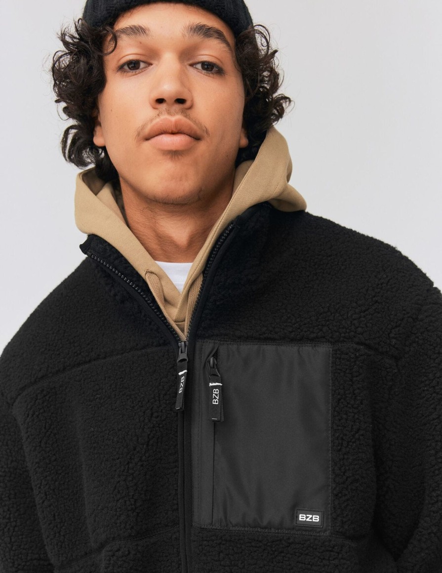 Homme BZB Veste & Blouson | Blouson Sherpa Zippe Noir