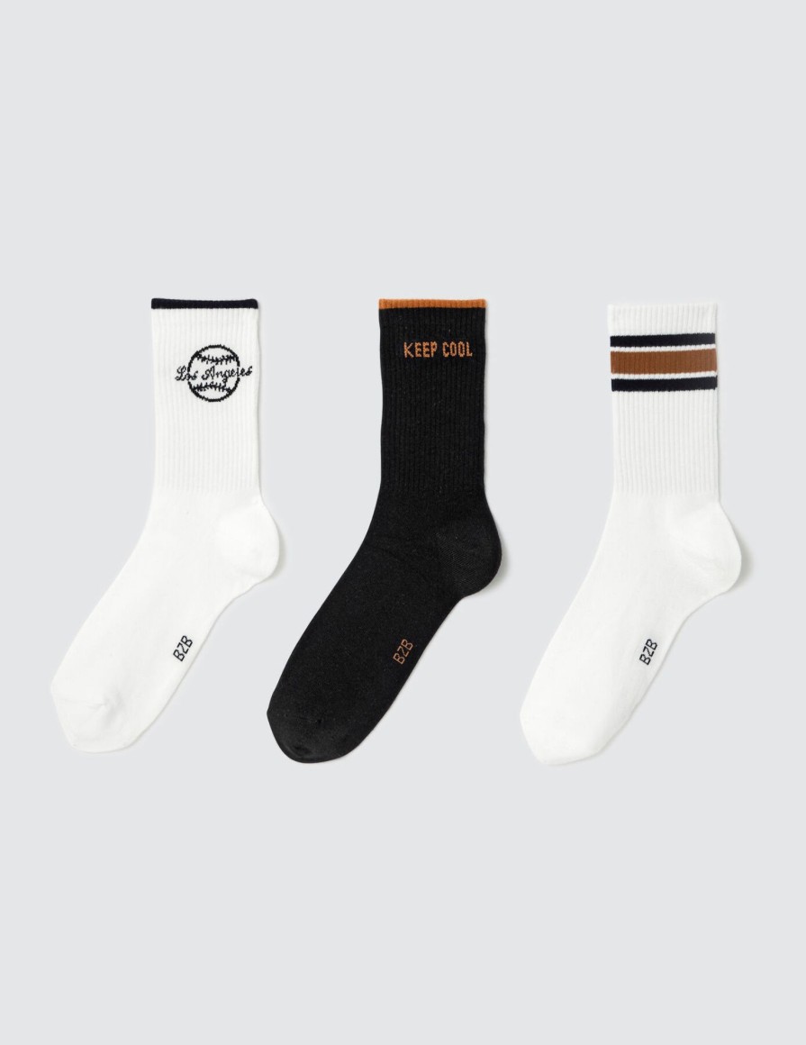 Homme BZB Chaussettes | Lot De 3 Paires De Chaussettes Fantaisie Baseball Blanc