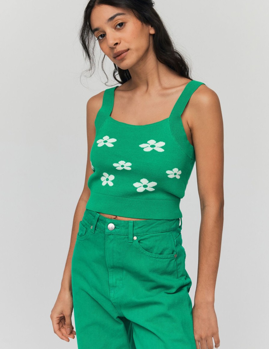 Femme BZB Top & Debardeur | Debardeur Jacquard Fleurs Vert