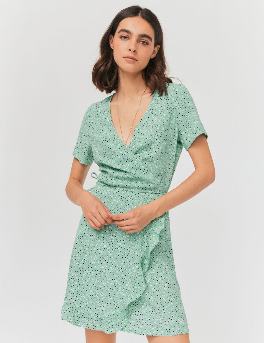 Femme BZB Robe | Robe Portefeuille Imprimee Vert Clair