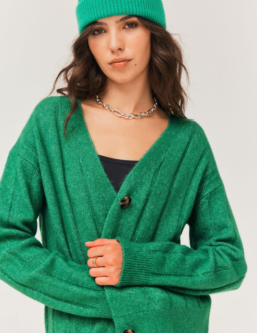 Femme BZB Gilet | Gilet Col V Uni Vert