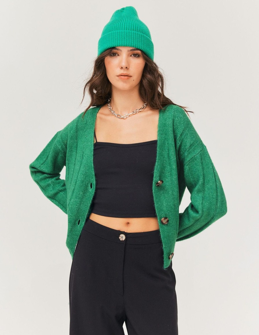 Femme BZB Gilet | Gilet Col V Uni Vert