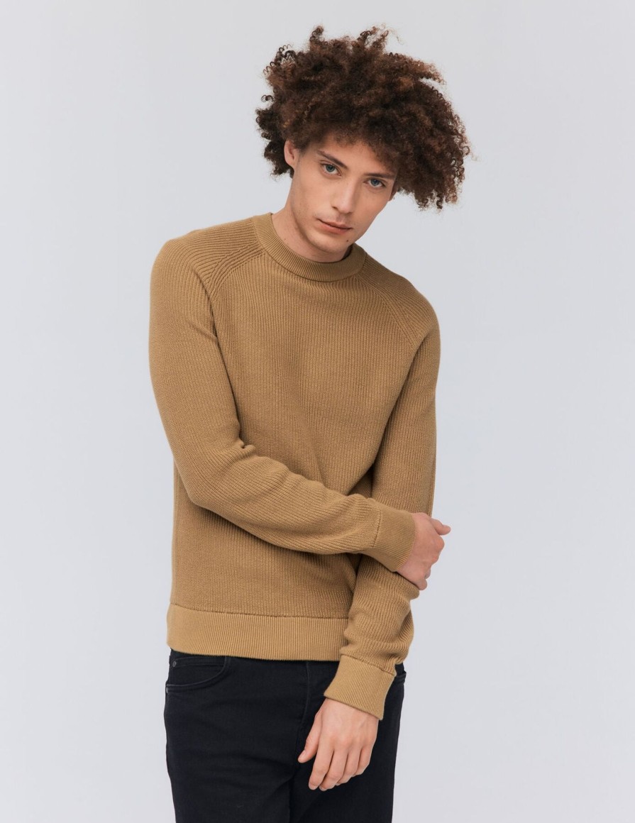 Homme BZB Pull | Pull Col Rond Coton Uni Beige