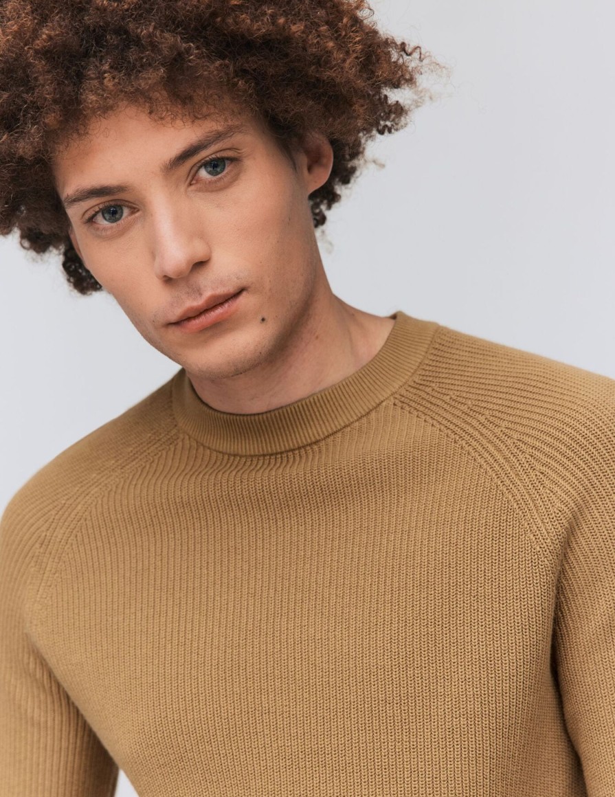 Homme BZB Pull | Pull Col Rond Coton Uni Beige