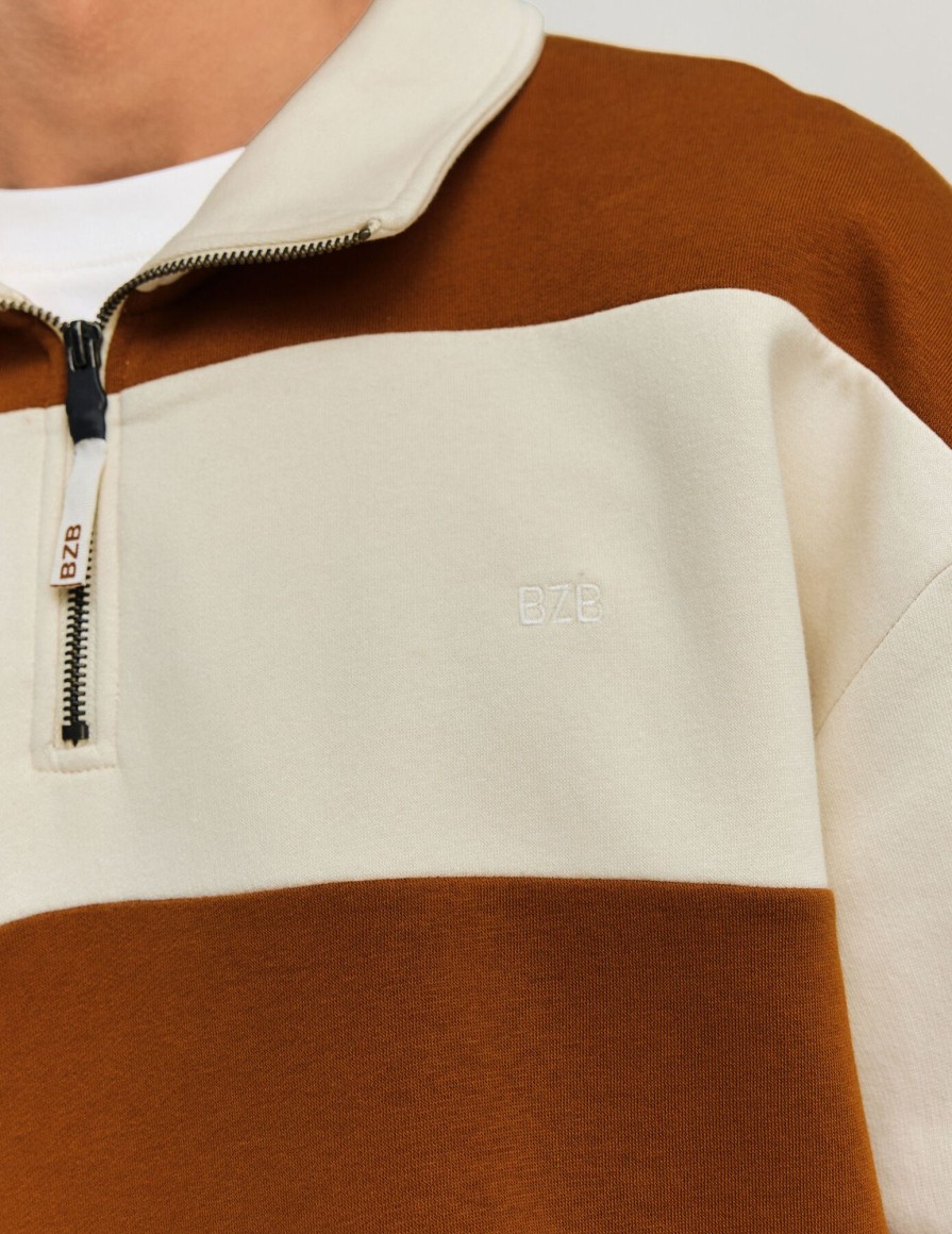 Homme BZB Sweat | Sweatshirt Avec Col Montant Zippe Camel