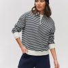 Femme BZB Sweat | Sweat Col Polo Raye Bleu Fonce