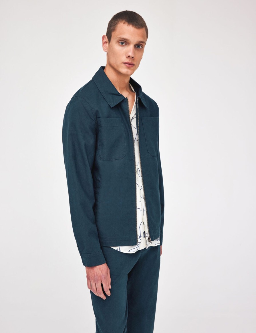 Homme BZB Veste & Blouson | Veste Zippee En Coton Lin Bleu Fonce