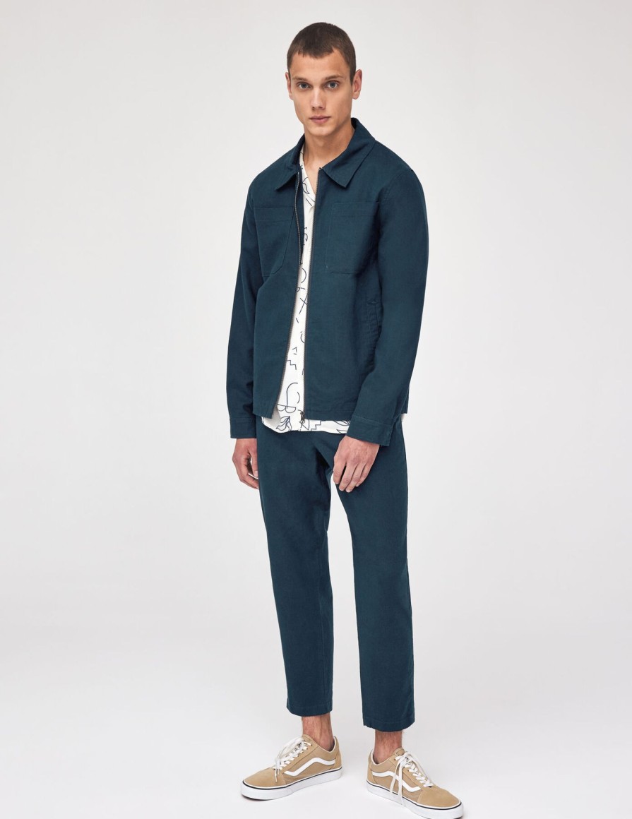 Homme BZB Veste & Blouson | Veste Zippee En Coton Lin Bleu Fonce