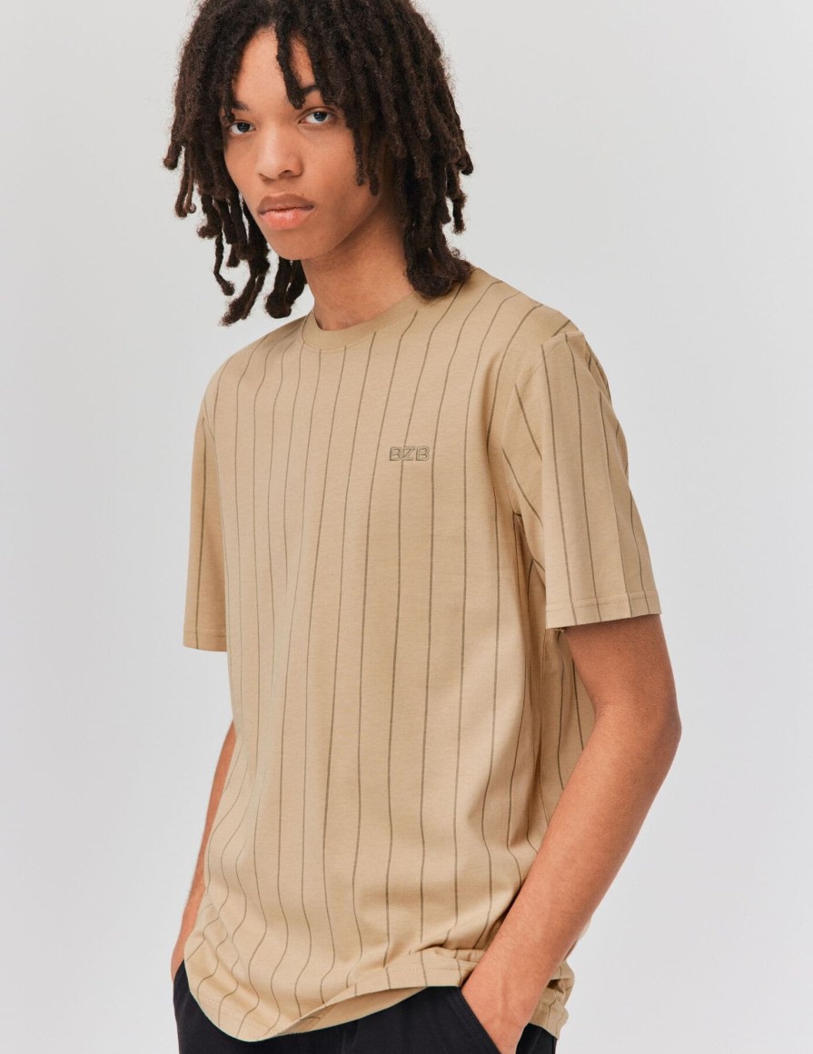 Homme BZB Tee-Shirt | T-Shirt Rayures Baseball Beige