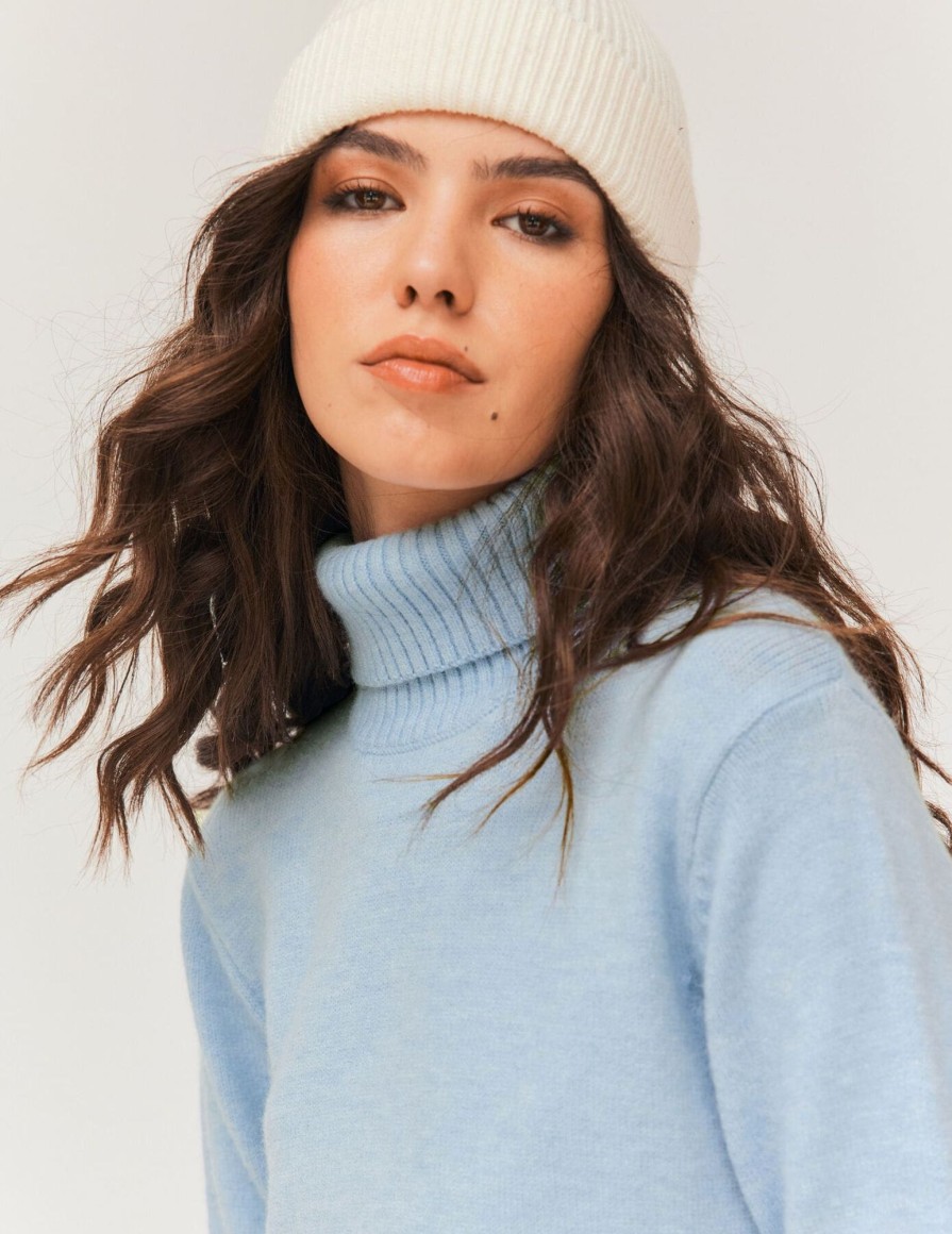 Femme BZB Pull | Pull Col Roule Uni Bleu Clair