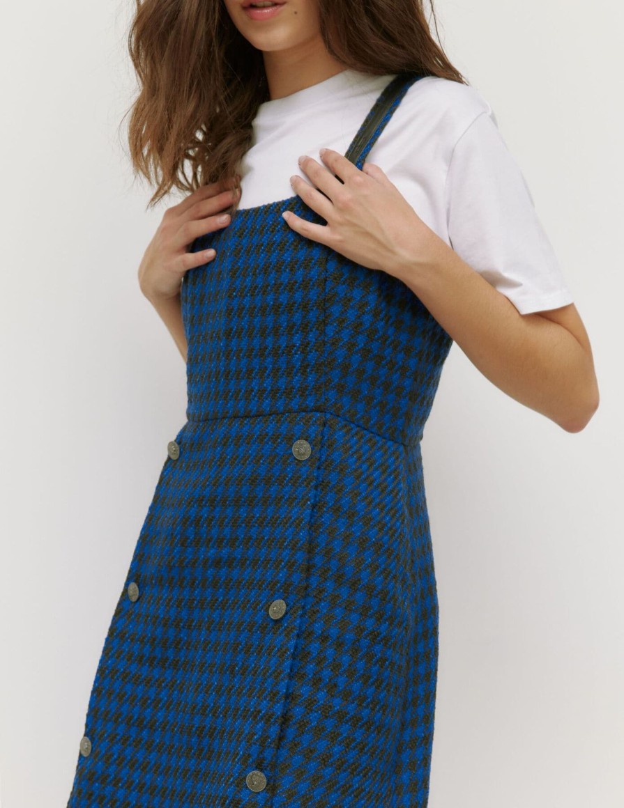 Femme BZB Robe | Robe Chasuble Courte En Tweed Bleu Fonce