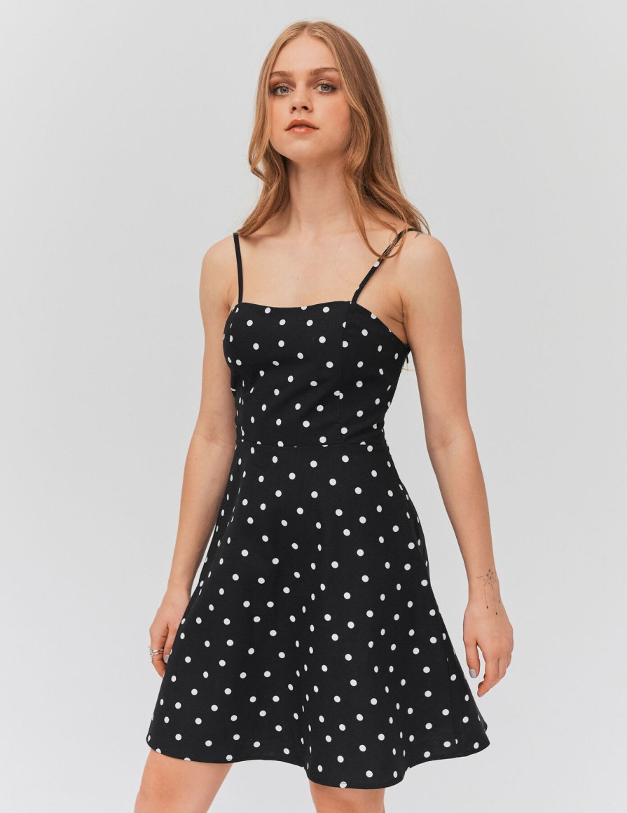 Femme BZB Robe | Robe Bustier A Pois En Lin Noir