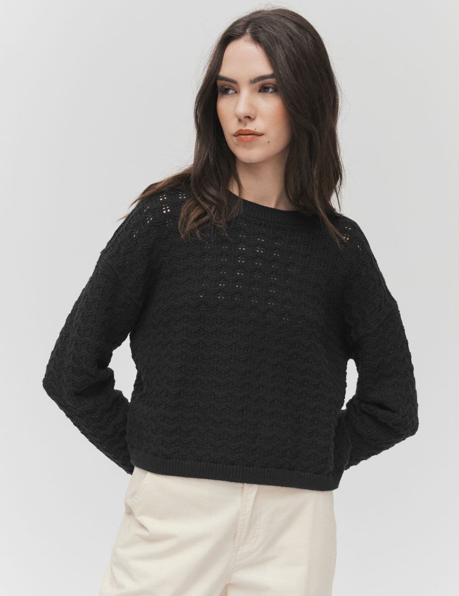 Femme BZB Pull | Pull En Crochet Uni Noir