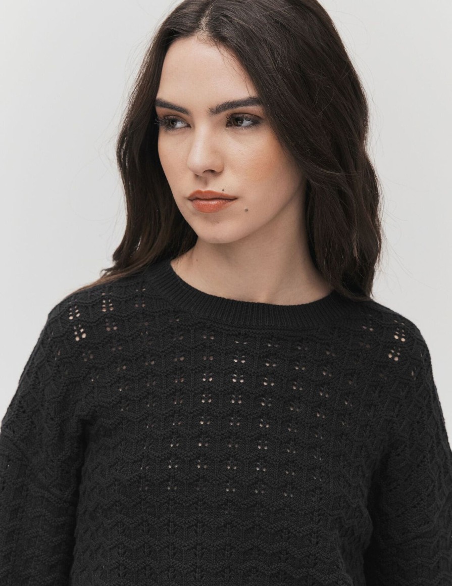 Femme BZB Pull | Pull En Crochet Uni Noir