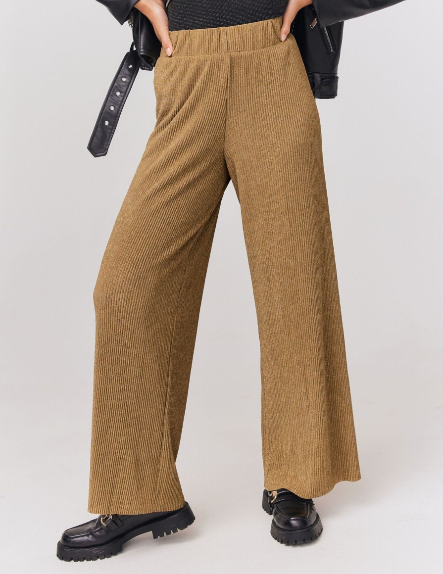 Femme BZB Pantalon | Pantalon Plisse Brillant Marron