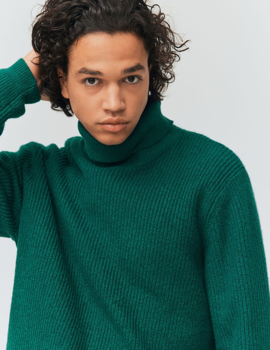 Homme BZB Pull | Pull Col Roule A Cotes Bleu Turquoise