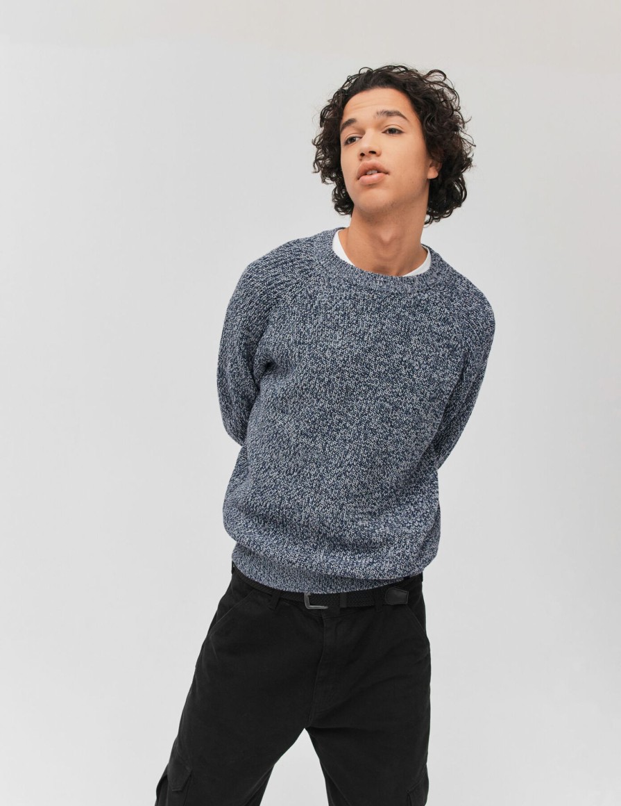 Homme BZB Pull | Pull Col Rond A Cotes Bleu Fonce